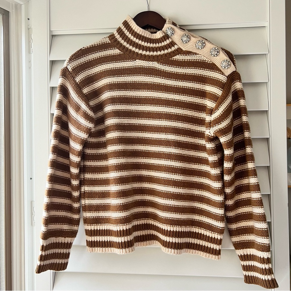 Tan and white striped J Crew sweater with jeweled buttons